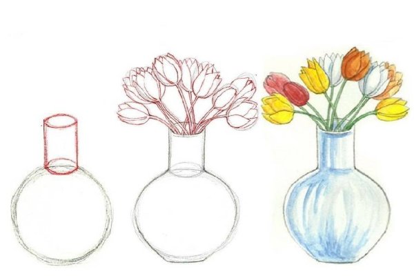 Поэтапное рисование вазы с цветами