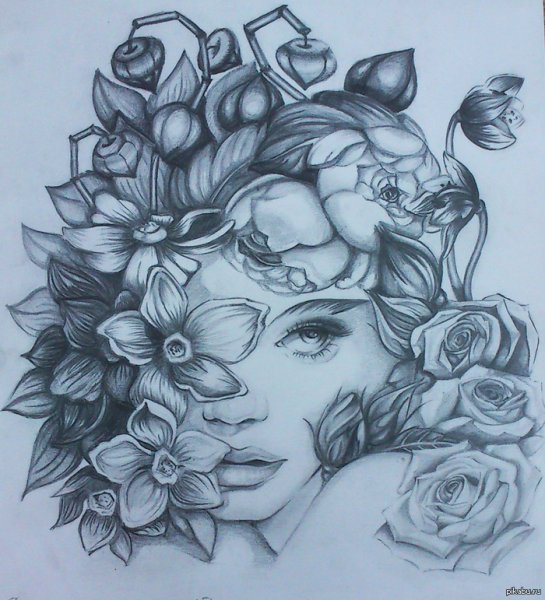 Девушка с цветами карандашом