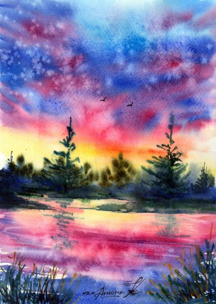 Пейзаж цветными карандашами