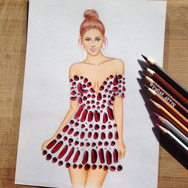 Эскиз девушки в платье карандашом