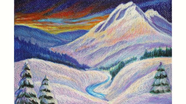 Зимний пейзаж цветными карандашами