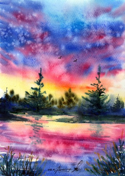 Пейзаж цветными карандашами