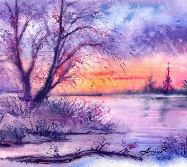 Летний пейзаж акварелью для начинающих