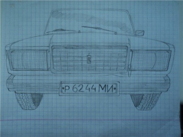 Рисунок ВАЗ 2106 спереди на клетчатом листе