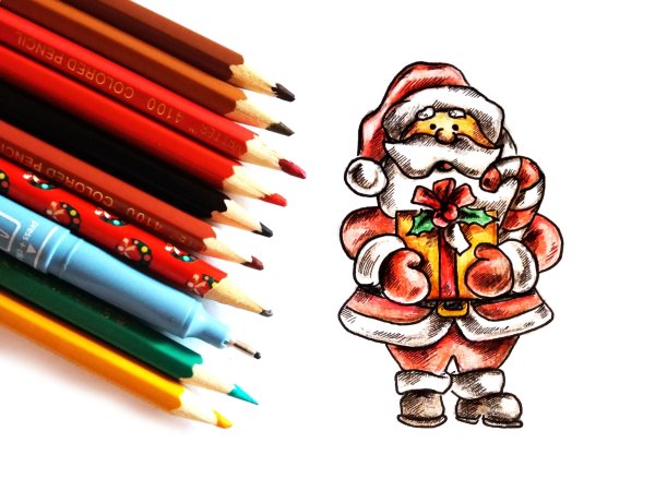 Дед Мороз рисунок карандашом цветной