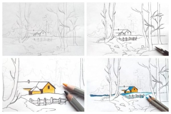 Этапы рисования зимнего пейзажа