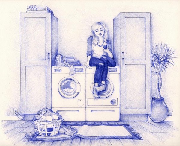 Пейзаж синей ручкой