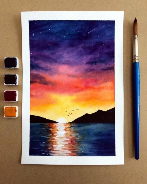 Рисование акварелью закат