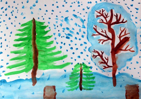 Зимний лес красками для детей