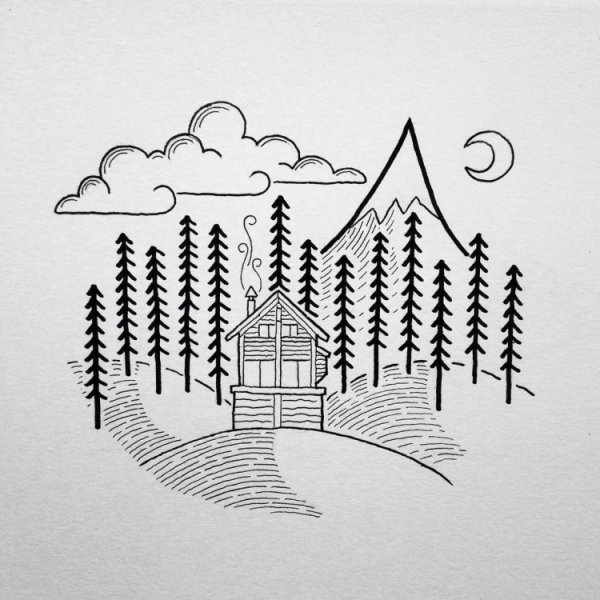 Пейзаж черной ручкой легкий