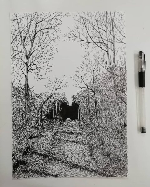 Пейзаж черной ручкой