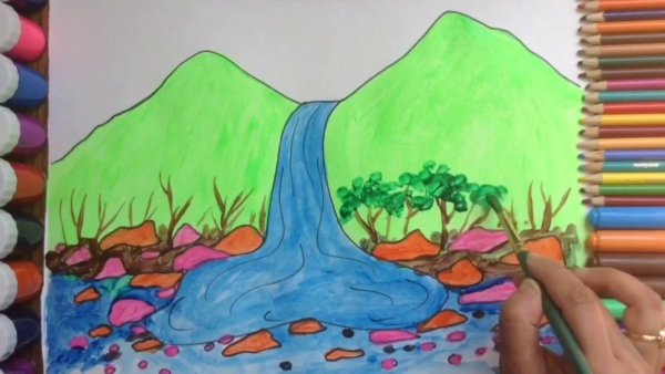 Водопад рисунок фломастеры