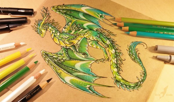 Дракон цветными карандашами