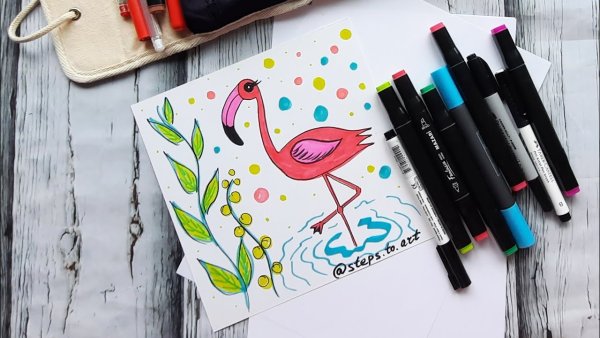 Фламинго фломастерами для скетчинга