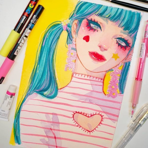 Аниме акварельными карандашами