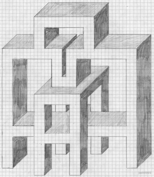 Объёмные фигуры по клеточкам в тетради