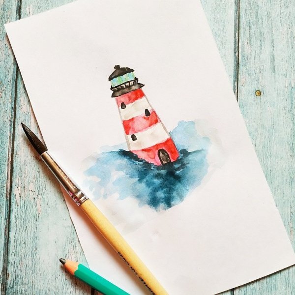 Скетч акварель Маяк у моря