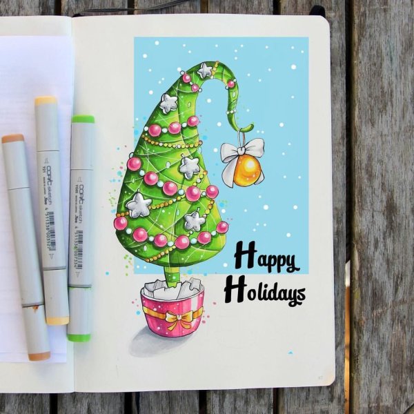 Рисунки маркерами для скетчинга новогодние Лиза Краснова