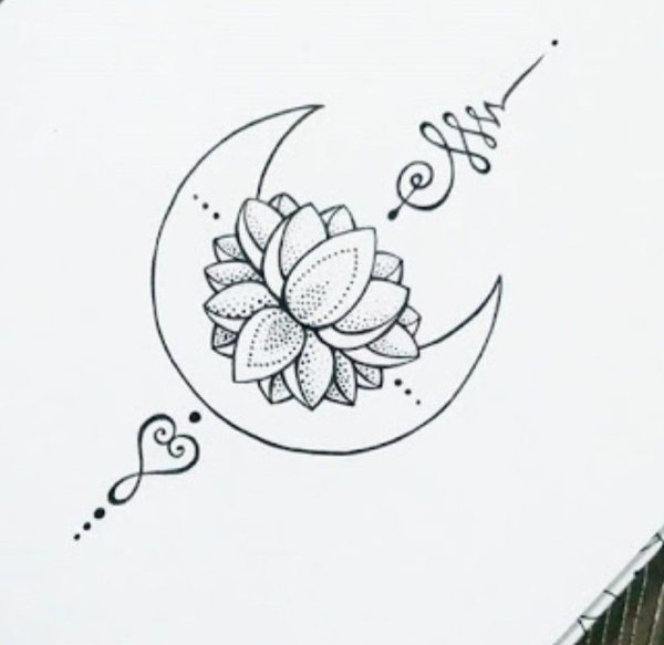 Тату Луна и цветы эскиз