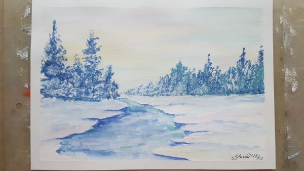 Зимний пейзаж гуашью для начинающих