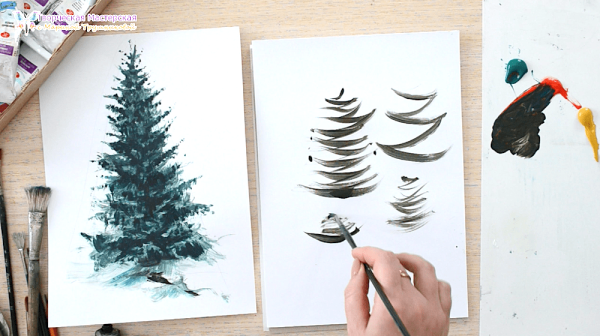 Елка гуашью пошагово