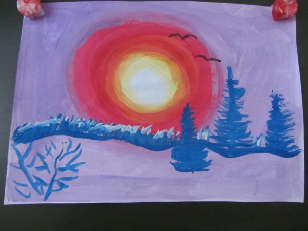 Зимний закат рисование