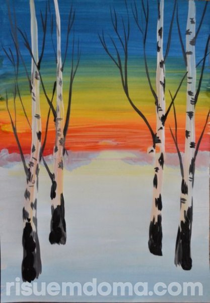 Зимний пейзаж гуашью для детей