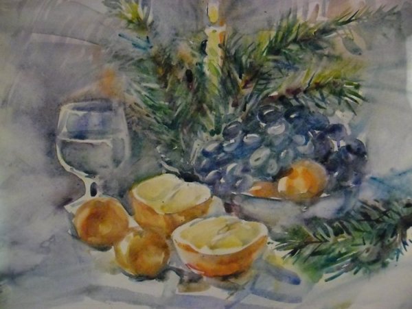 Новогодний натюрморт акварелью