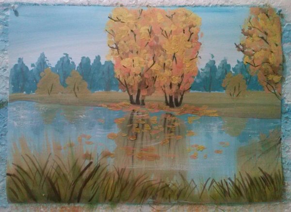 Легкий осенний пейзаж гуашью без реки