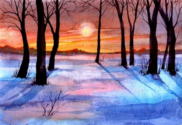 Зимний пейзаж гуашью