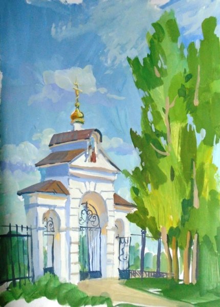 Детские пейзажи гуашью с часовней