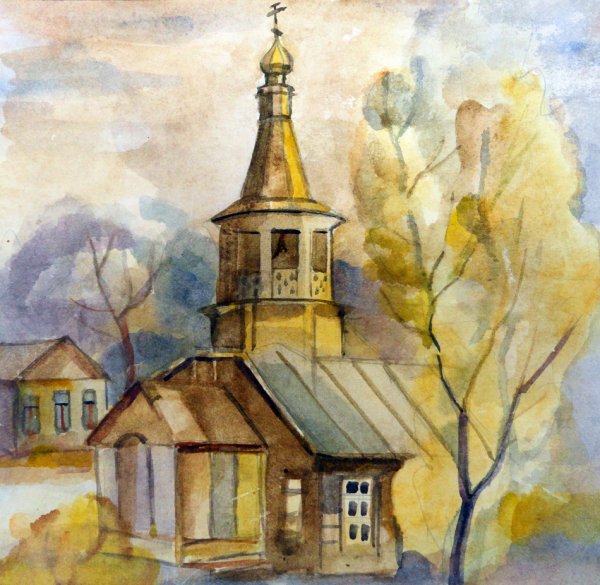 Пейзаж храма Александра Невского в Вологде акварелью