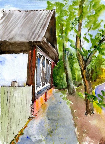 Деревенский пейзаж акварелью