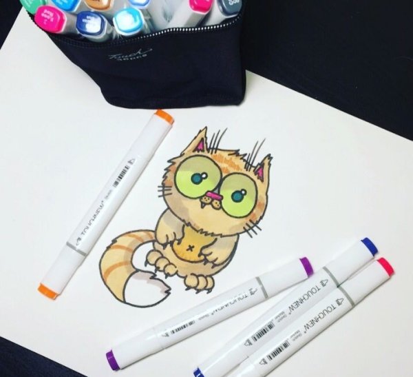 Кошка маркерами для скетчинга