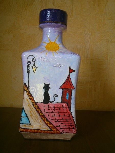 Роспись бутылок домиками
