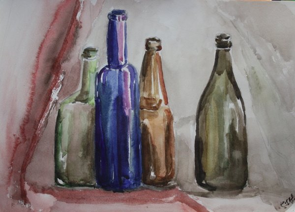 Стеклянная бутылка гуашью
