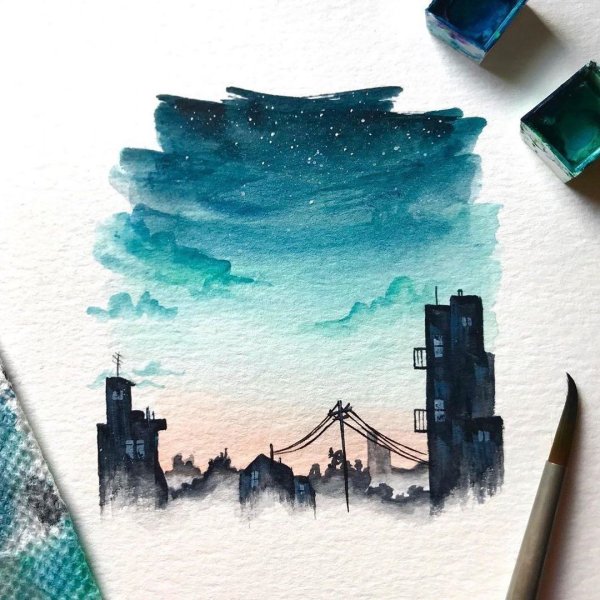 Пейзажи гуашью в скетчбуке