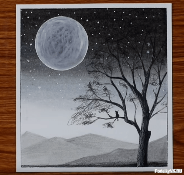 Пейзаж чёрной и белой гуашью