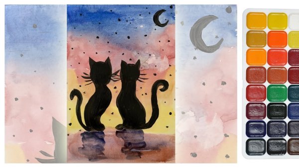 Котики влюбленные нарисованные акварелью