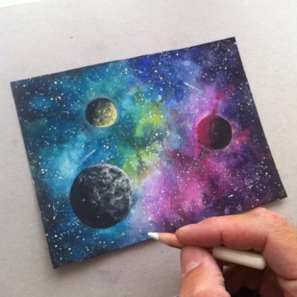 Космос акварелью для начинающих с планетами