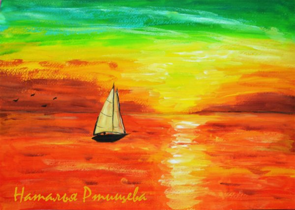 Закат на море гуашью