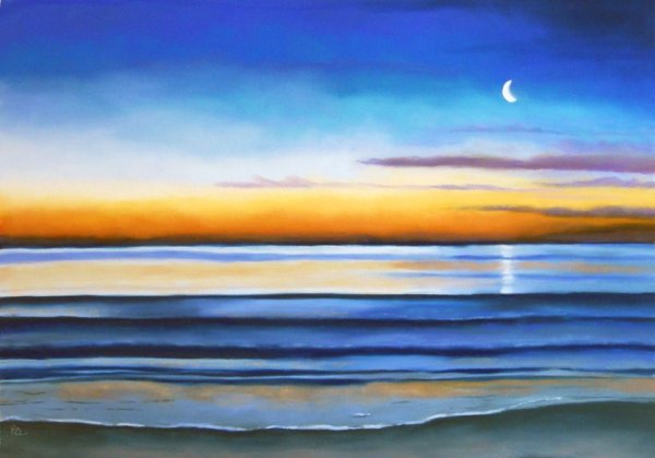 Пейзаж с закатом солнца акварель