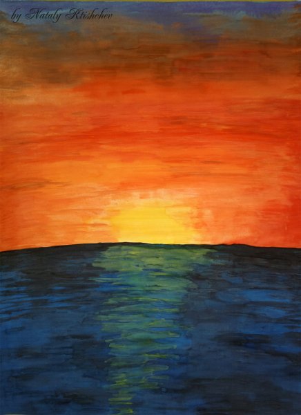 Закат на море гуашью