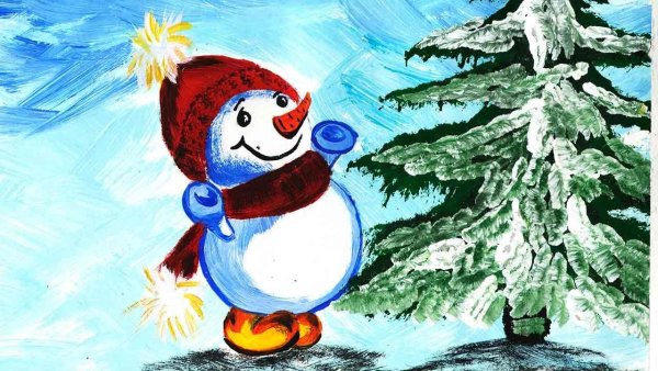 Снеговик гуашью