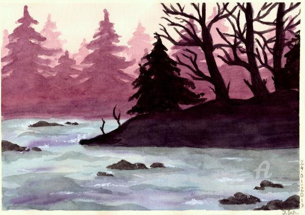 Пейзаж черной гуашью