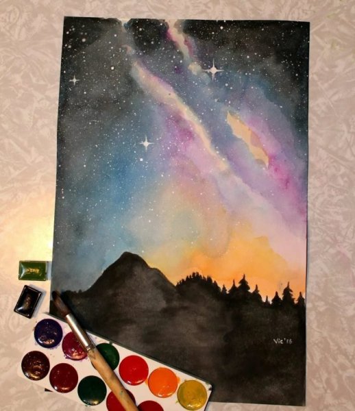 Космос рисунок акварелью