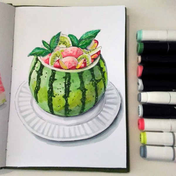 Аня Белоусова акварельный скетчинг Арбуз