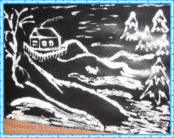 Рисование на черном картоне зиму
