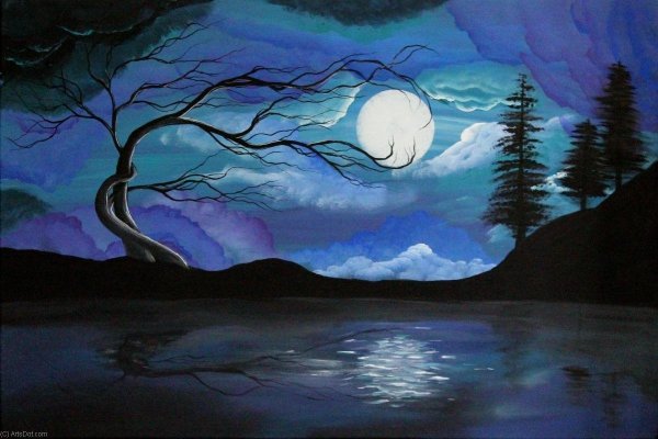 Ночной пейзаж гуашью