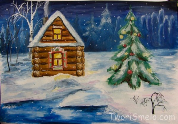 Зимняя избушка гуашью